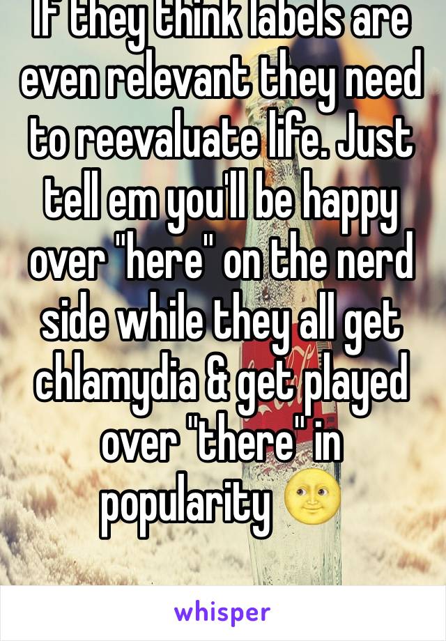 If they think labels are even relevant they need to reevaluate life. Just tell em you'll be happy over "here" on the nerd side while they all get chlamydia & get played over "there" in popularity 🌝 
