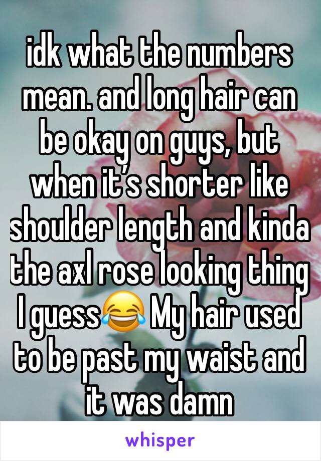 idk what the numbers mean. and long hair can be okay on guys, but when it’s shorter like shoulder length and kinda the axl rose looking thing I guess😂 My hair used to be past my waist and it was damn