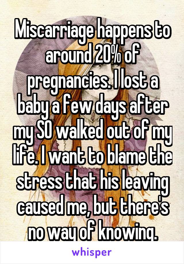 Miscarriage happens to around 20% of pregnancies. I lost a baby a few days after my SO walked out of my life. I want to blame the stress that his leaving caused me, but there's no way of knowing.