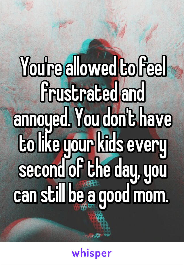 You're allowed to feel frustrated and annoyed. You don't have to like your kids every second of the day, you can still be a good mom. 