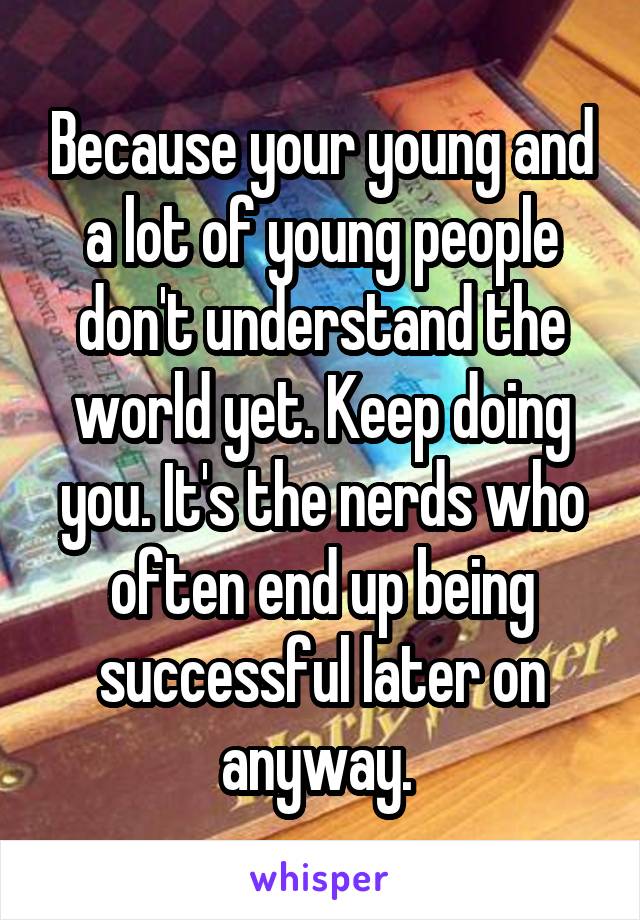 Because your young and a lot of young people don't understand the world yet. Keep doing you. It's the nerds who often end up being successful later on anyway. 