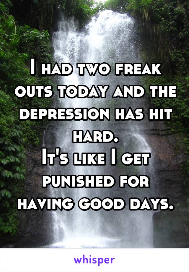 I had two freak outs today and the depression has hit hard.
It's like I get punished for having good days.