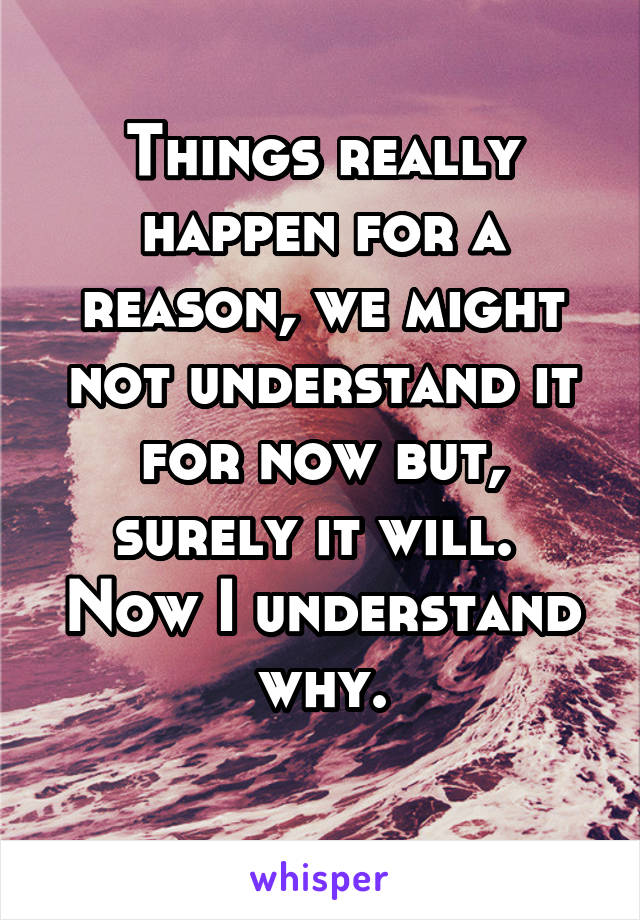 Things really happen for a reason, we might not understand it for now but, surely it will. 
Now I understand why.
