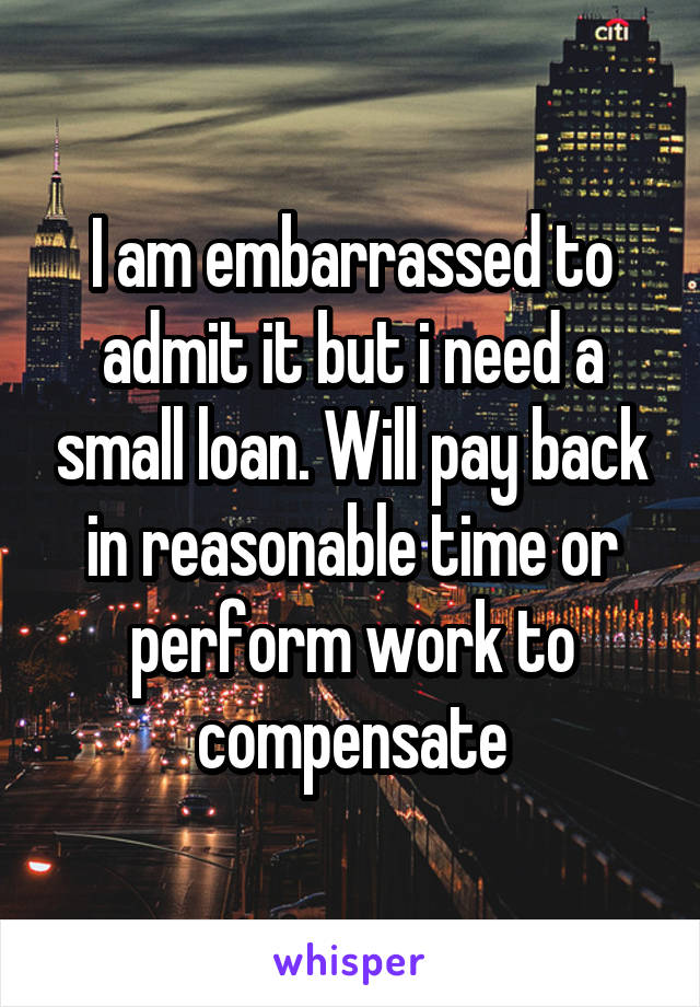 I am embarrassed to admit it but i need a small loan. Will pay back in reasonable time or perform work to compensate