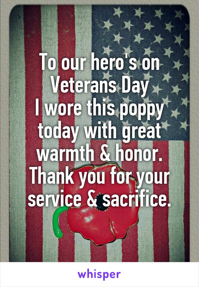 To our hero's on
Veterans Day
I wore this poppy today with great warmth & honor.
Thank you for your service & sacrifice.
 