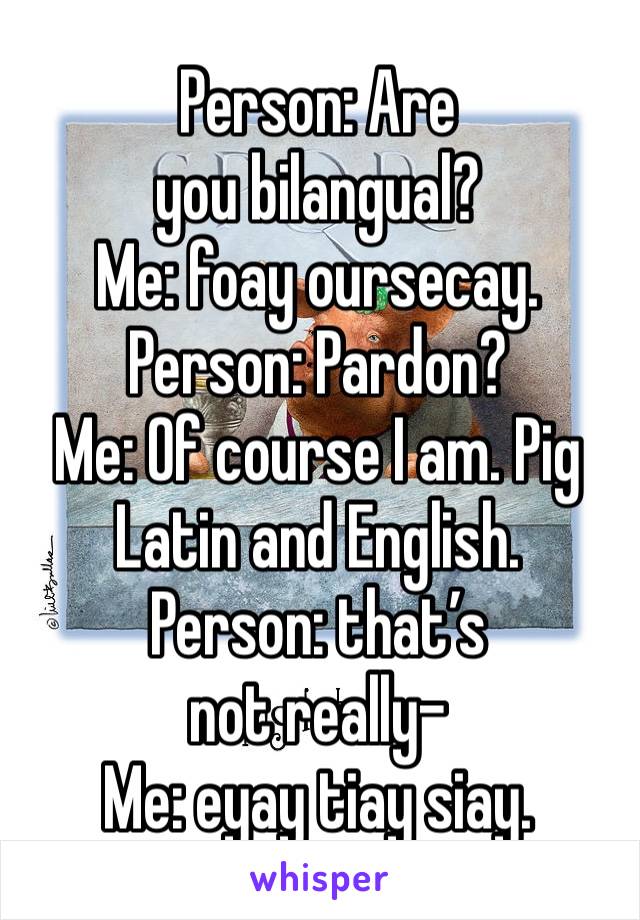 Person: Are you bilangual?
Me: foay oursecay.
Person: Pardon?
Me: Of course I am. Pig Latin and English.
Person: that’s not really-
Me: eyay tiay siay.