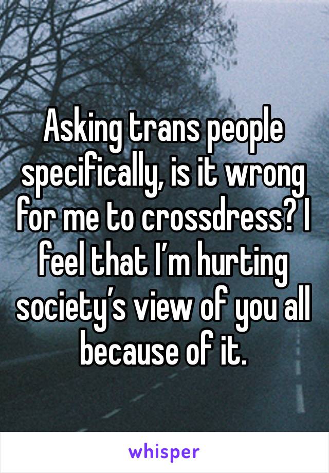Asking trans people specifically, is it wrong for me to crossdress? I feel that I’m hurting society’s view of you all because of it.