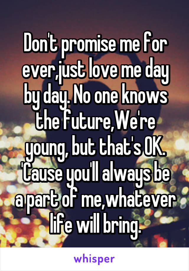 Don't promise me for ever,just love me day by day. No one knows the future,We're young, but that's OK.
'Cause you'll always be a part of me,whatever life will bring.