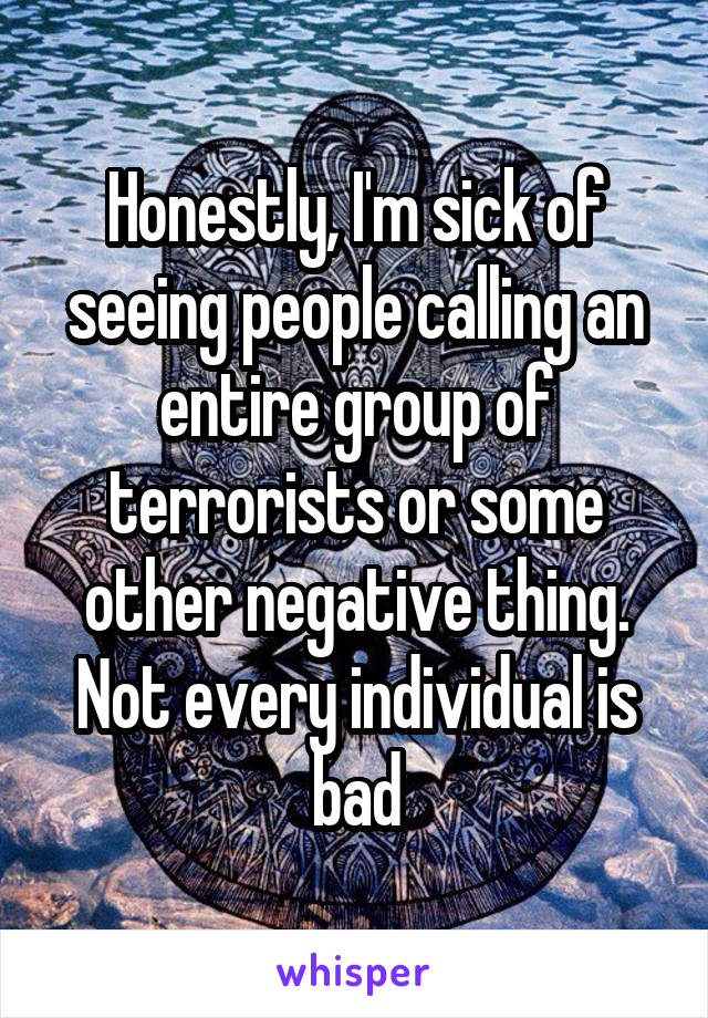 Honestly, I'm sick of seeing people calling an entire group of terrorists or some other negative thing. Not every individual is bad