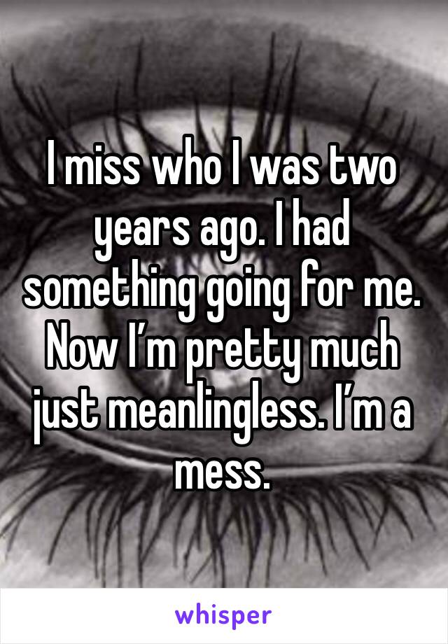 I miss who I was two years ago. I had something going for me. Now I’m pretty much just meanlingless. I’m a mess.
