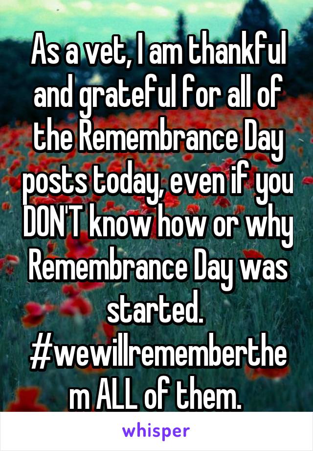 As a vet, I am thankful and grateful for all of the Remembrance Day posts today, even if you DON'T know how or why Remembrance Day was started. 
#wewillrememberthem ALL of them. 