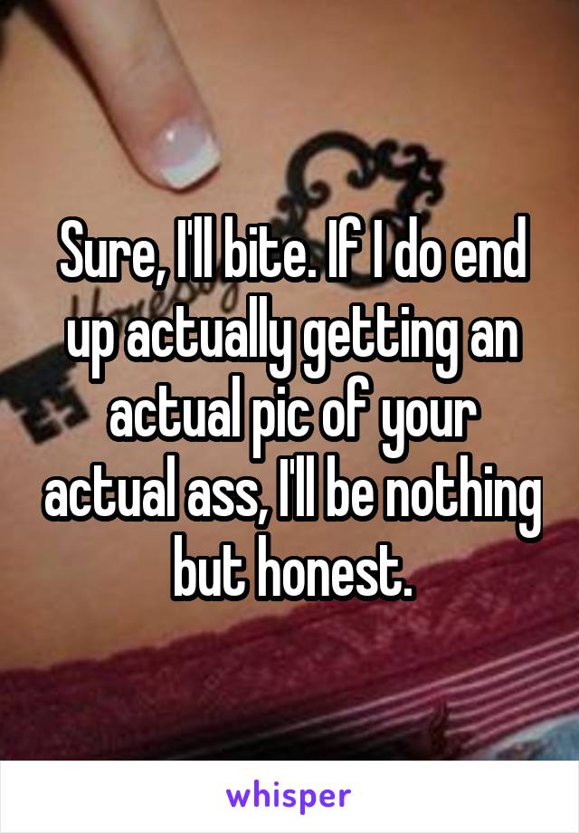 Sure, I'll bite. If I do end up actually getting an actual pic of your actual ass, I'll be nothing but honest.