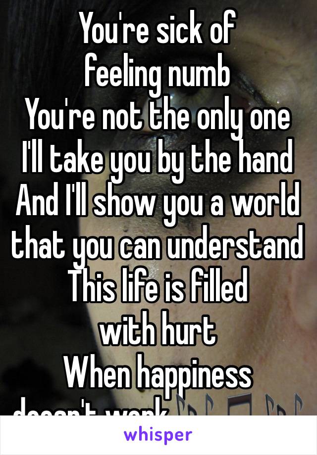You're sick of feeling numb
You're not the only one
I'll take you by the hand
And I'll show you a world that you can understand
This life is filled with hurt
When happiness doesn't work🎶🎵🎶
