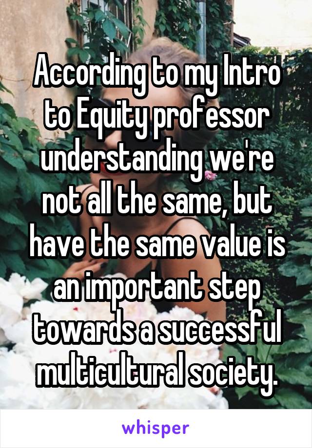 According to my Intro to Equity professor understanding we're not all the same, but have the same value is an important step towards a successful multicultural society.