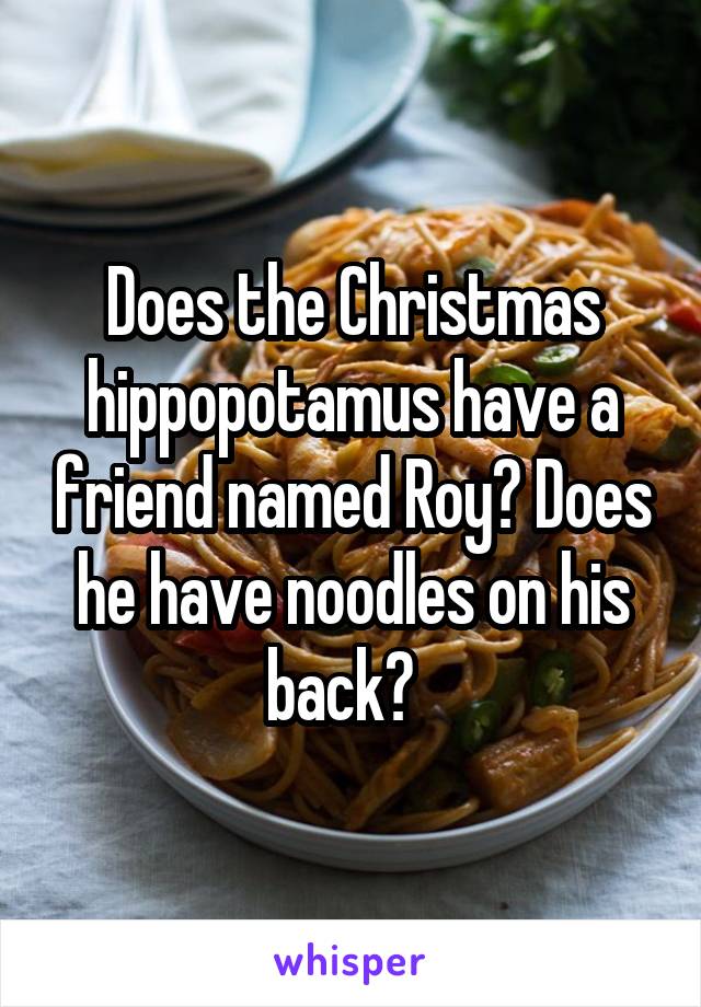 Does the Christmas hippopotamus have a friend named Roy? Does he have noodles on his back?  