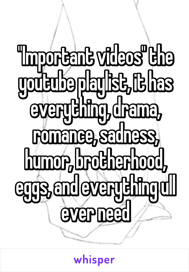 "Important videos" the youtube playlist, it has everything, drama, romance, sadness, humor, brotherhood, eggs, and everything ull ever need