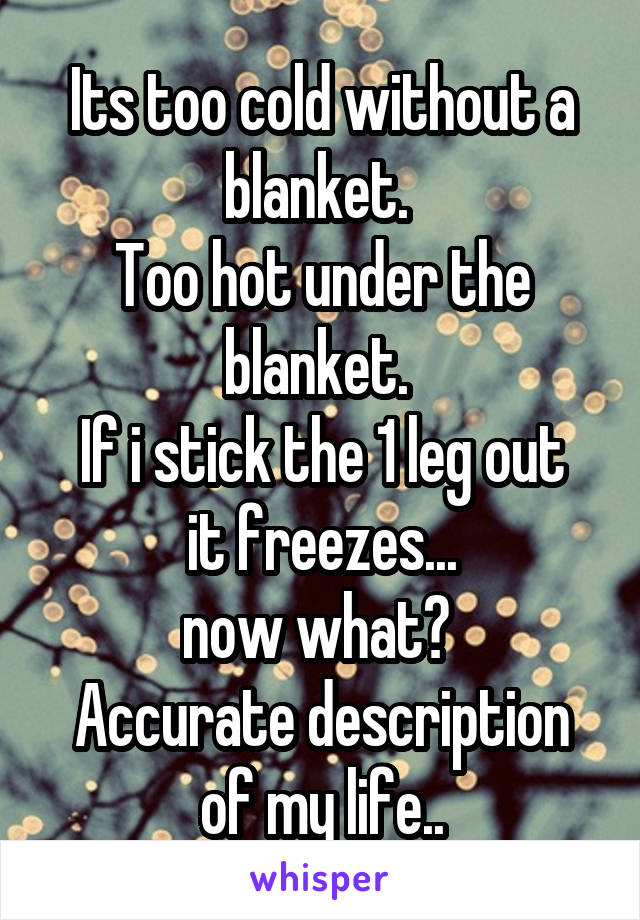 Its too cold without a blanket. 
Too hot under the blanket. 
If i stick the 1 leg out it freezes...
now what? 
Accurate description of my life..