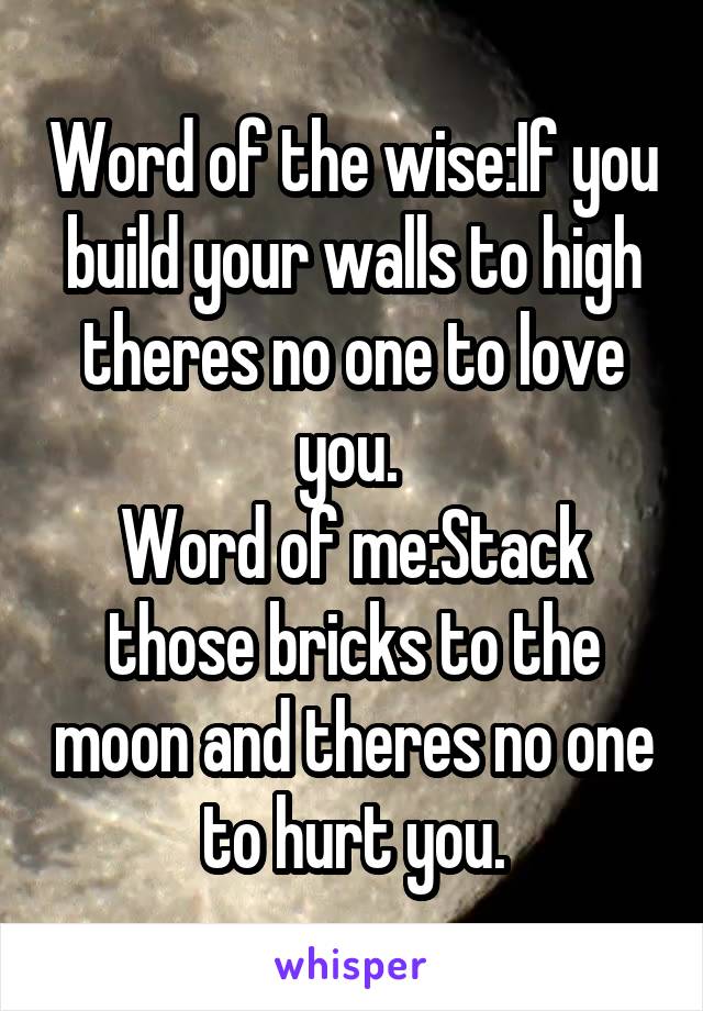 Word of the wise:If you build your walls to high theres no one to love you. 
Word of me:Stack those bricks to the moon and theres no one to hurt you.