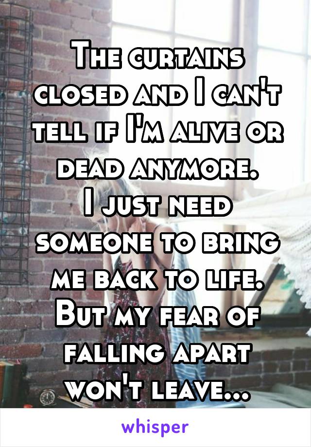 The curtains closed and I can't tell if I'm alive or dead anymore.
I just need someone to bring me back to life.
But my fear of falling apart won't leave...