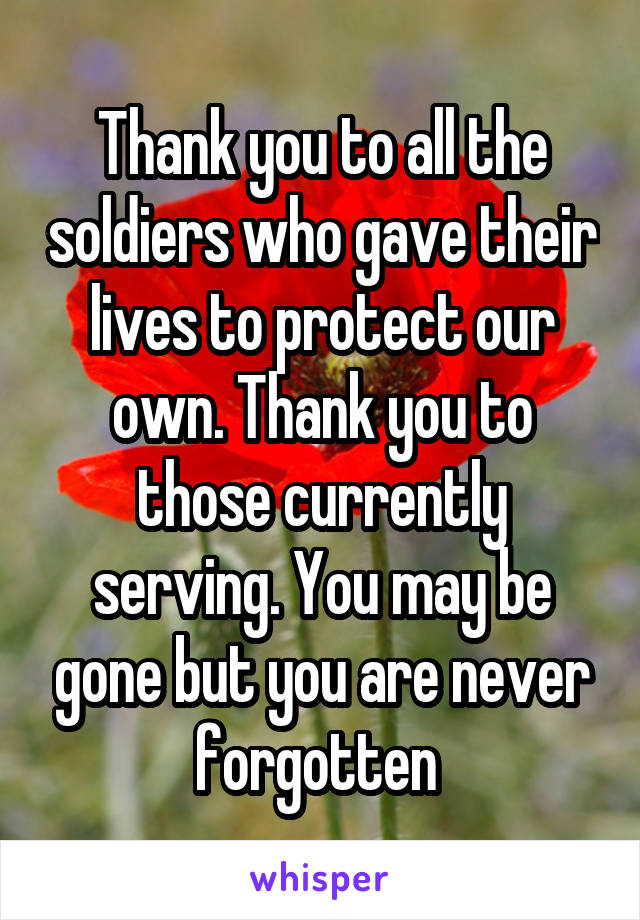 Thank you to all the soldiers who gave their lives to protect our own. Thank you to those currently serving. You may be gone but you are never forgotten 
