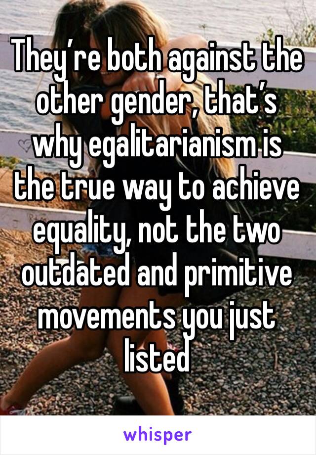 They’re both against the other gender, that’s why egalitarianism is the true way to achieve equality, not the two outdated and primitive movements you just listed 