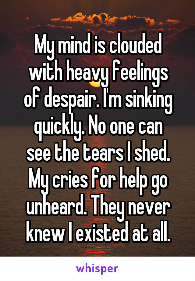 My mind is clouded
with heavy feelings
of despair. I'm sinking quickly. No one can
see the tears I shed. My cries for help go unheard. They never knew I existed at all.