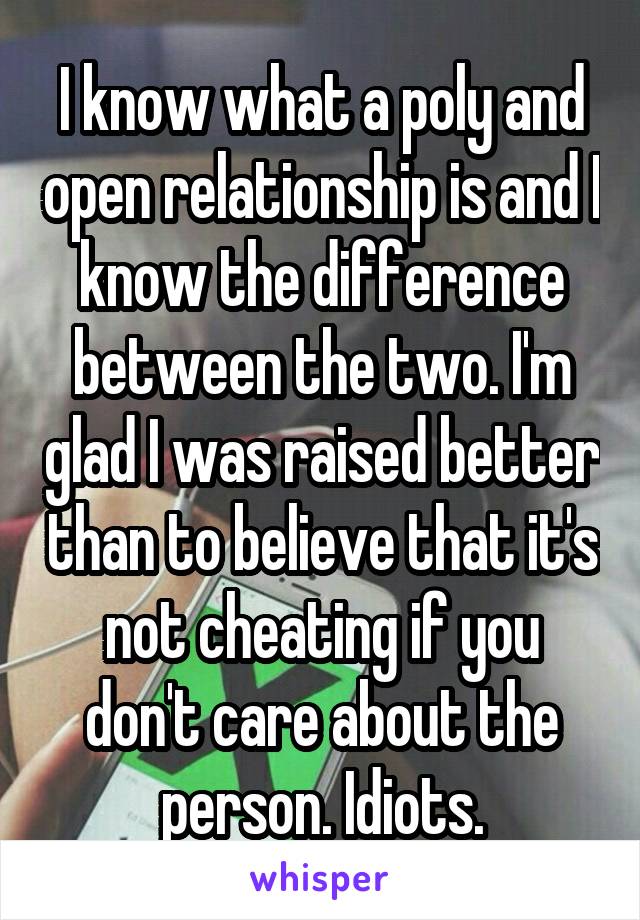 I know what a poly and open relationship is and I know the difference between the two. I'm glad I was raised better than to believe that it's not cheating if you don't care about the person. Idiots.