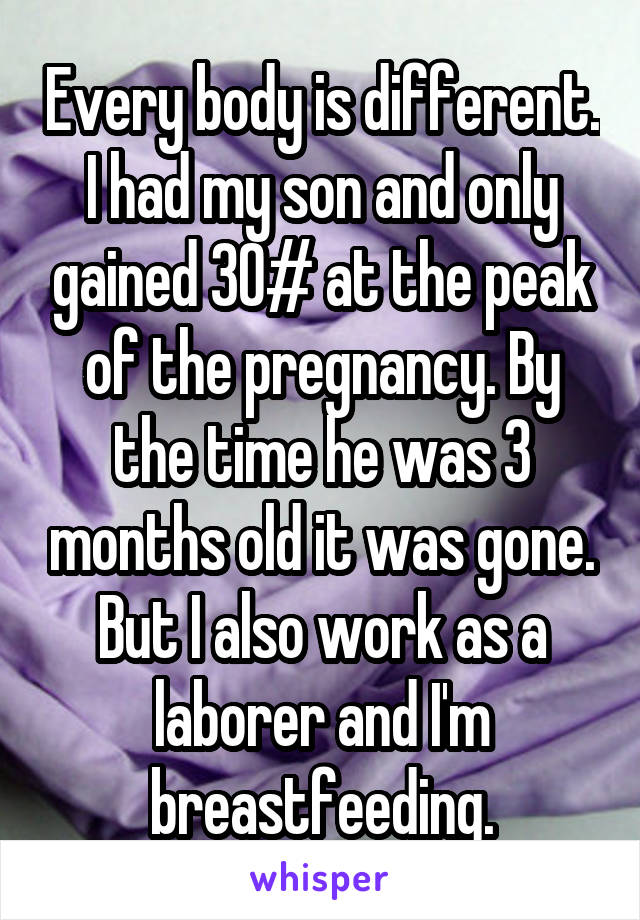 Every body is different. I had my son and only gained 30# at the peak of the pregnancy. By the time he was 3 months old it was gone. But I also work as a laborer and I'm breastfeeding.