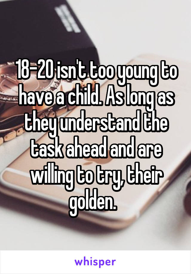 18-20 isn't too young to have a child. As long as they understand the task ahead and are willing to try, their golden.  