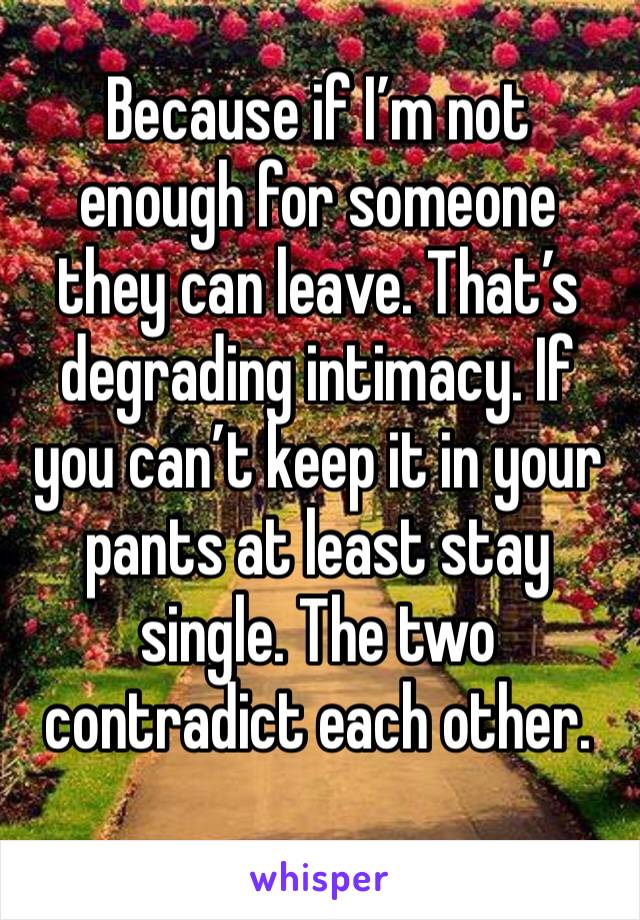 Because if I’m not enough for someone they can leave. That’s degrading intimacy. If you can’t keep it in your pants at least stay single. The two contradict each other. 