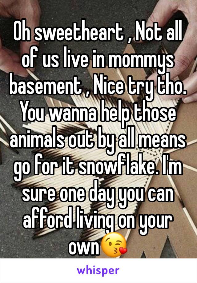 Oh sweetheart , Not all of us live in mommys basement , Nice try tho. You wanna help those animals out by all means go for it snowflake. I'm sure one day you can afford living on your own😘