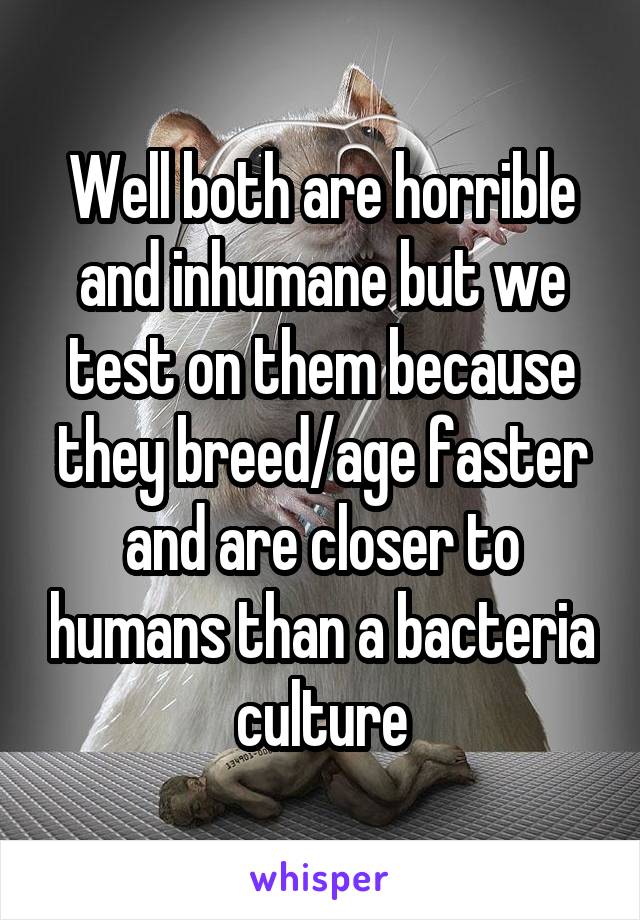 Well both are horrible and inhumane but we test on them because they breed/age faster and are closer to humans than a bacteria culture