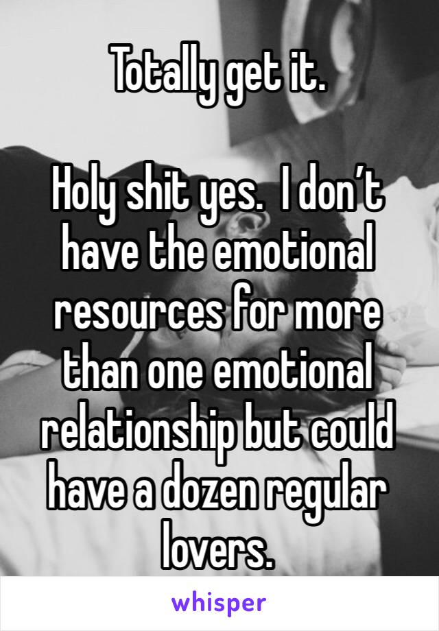 Totally get it.  

Holy shit yes.  I don’t have the emotional resources for more than one emotional relationship but could have a dozen regular lovers.  