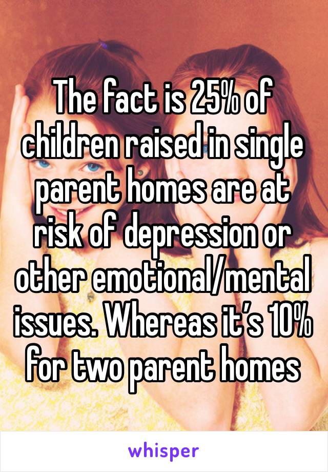 The fact is 25% of children raised in single parent homes are at risk of depression or other emotional/mental issues. Whereas it’s 10% for two parent homes