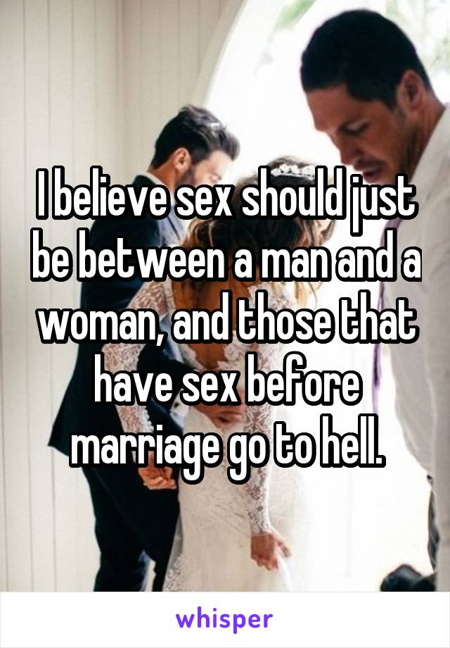 I believe sex should just be between a man and a woman, and those that have sex before marriage go to hell.