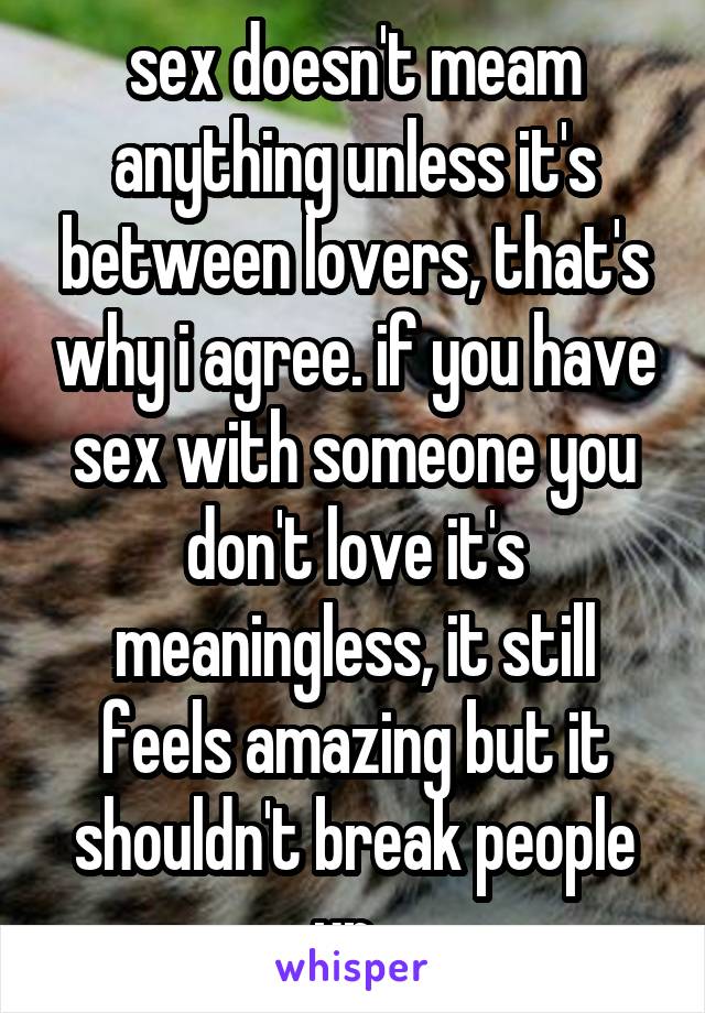 sex doesn't meam anything unless it's between lovers, that's why i agree. if you have sex with someone you don't love it's meaningless, it still feels amazing but it shouldn't break people up. 