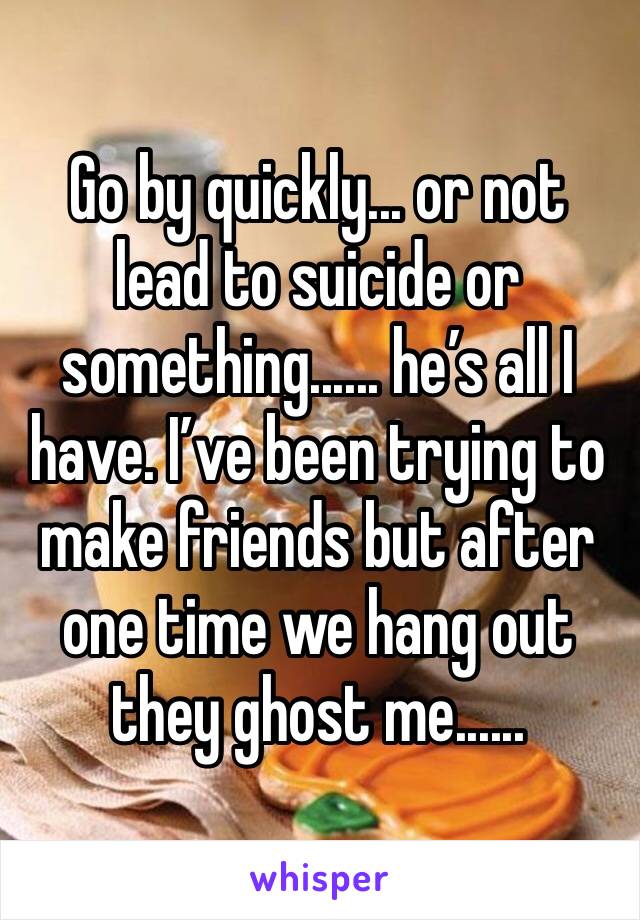 Go by quickly... or not lead to suicide or something...... he’s all I have. I’ve been trying to make friends but after one time we hang out they ghost me...... 