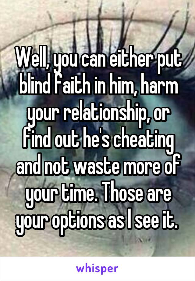 Well, you can either put blind faith in him, harm your relationship, or find out he's cheating and not waste more of your time. Those are your options as I see it. 