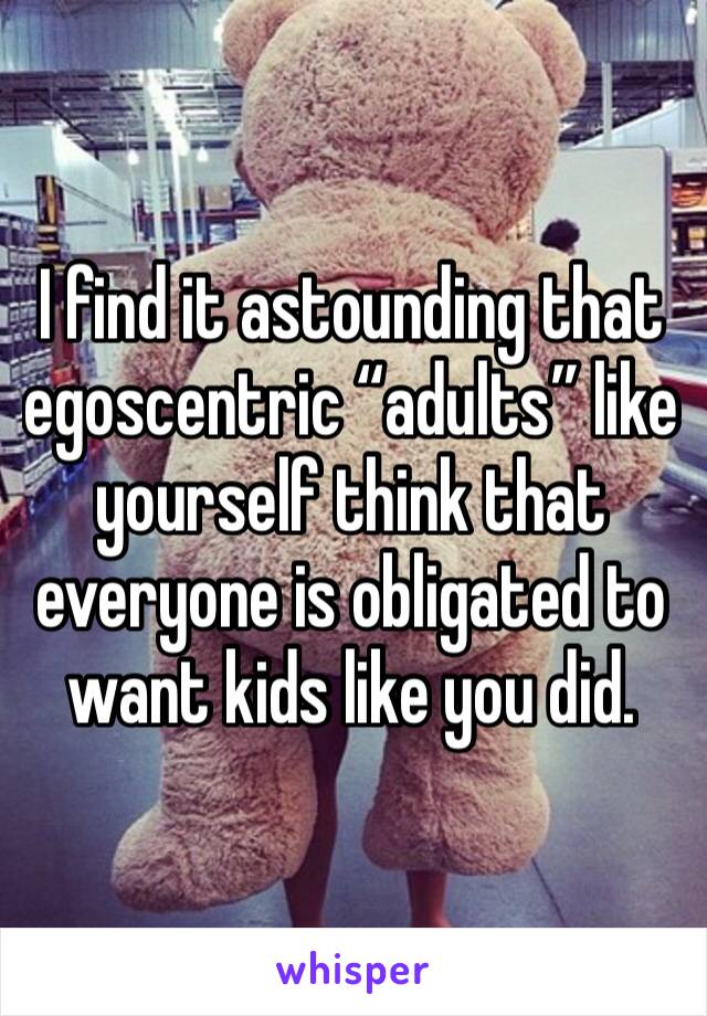 I find it astounding that egoscentric “adults” like yourself think that everyone is obligated to want kids like you did. 