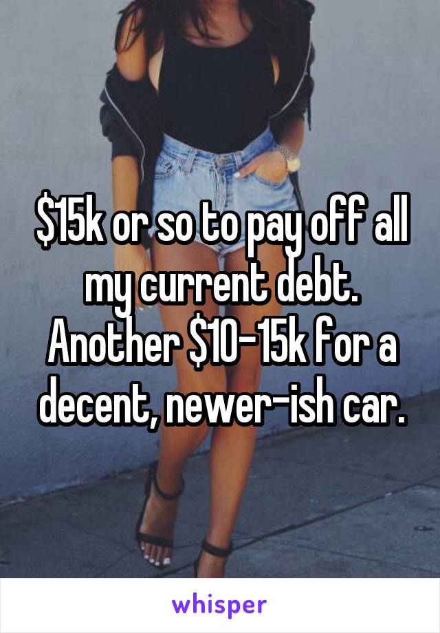 $15k or so to pay off all my current debt.
Another $10-15k for a decent, newer-ish car.