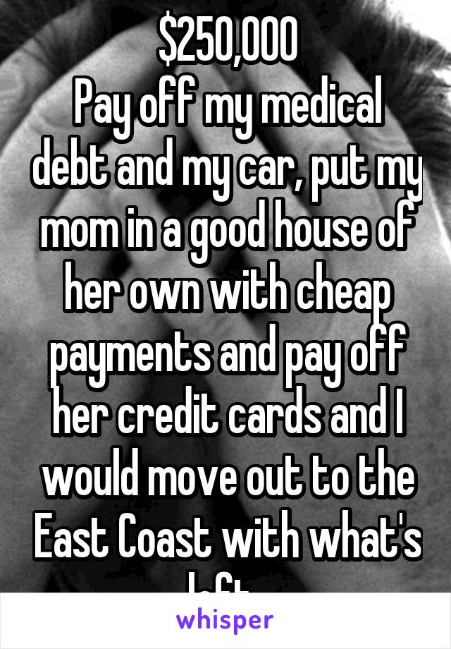 $250,000
Pay off my medical debt and my car, put my mom in a good house of her own with cheap payments and pay off her credit cards and I would move out to the East Coast with what's left. 