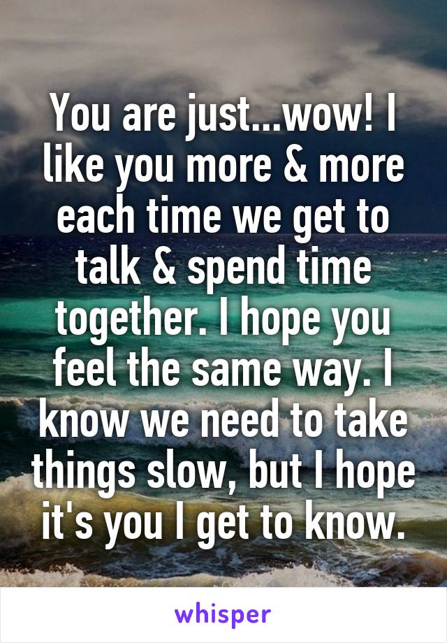 You are just...wow! I like you more & more each time we get to talk & spend time together. I hope you feel the same way. I know we need to take things slow, but I hope it's you I get to know.