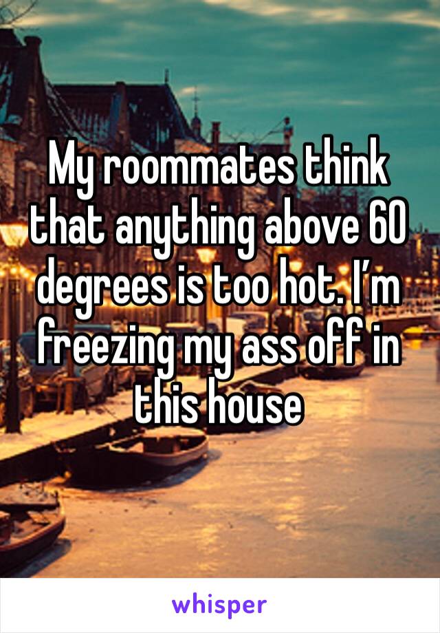 My roommates think that anything above 60 degrees is too hot. I’m freezing my ass off in this house