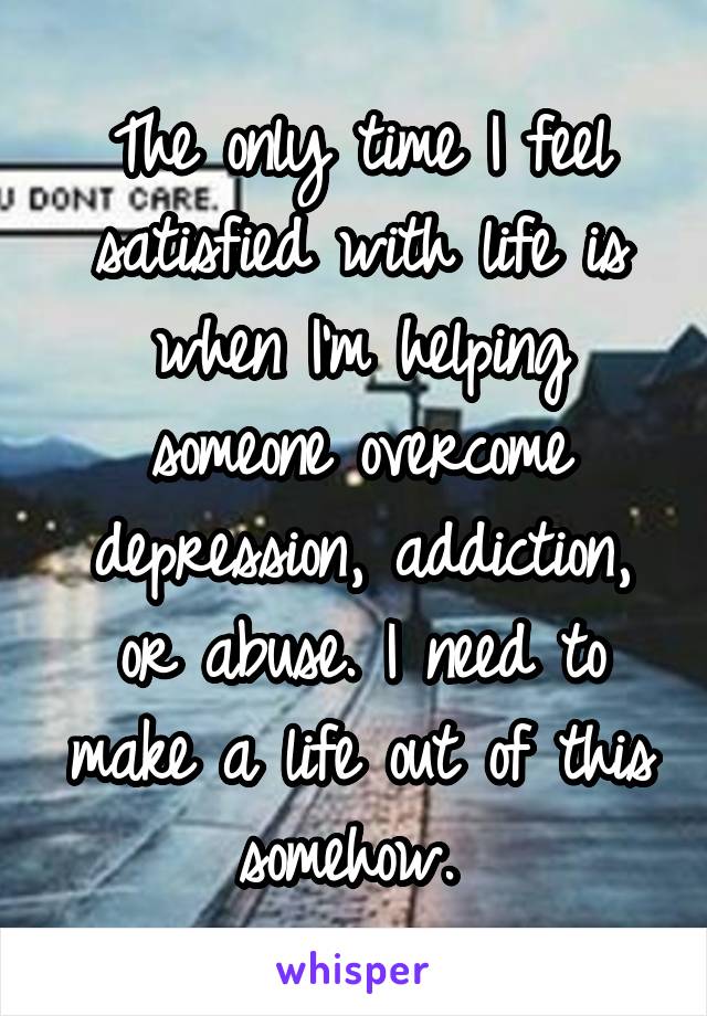 The only time I feel satisfied with life is when I'm helping someone overcome depression, addiction, or abuse. I need to make a life out of this somehow. 