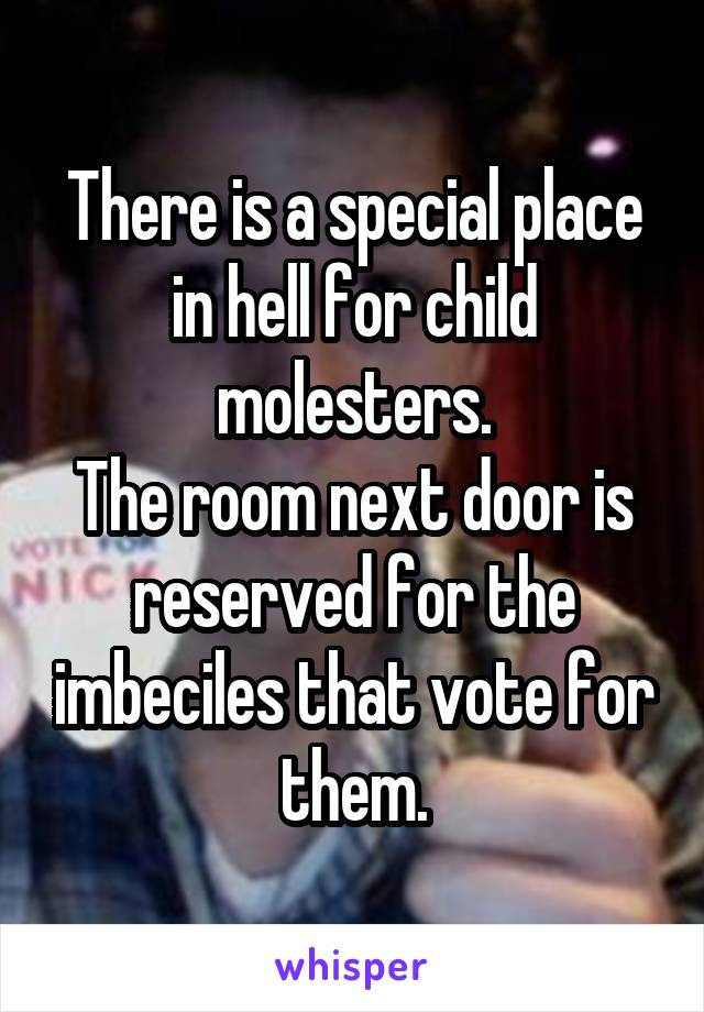 There is a special place in hell for child molesters.
The room next door is reserved for the imbeciles that vote for them.