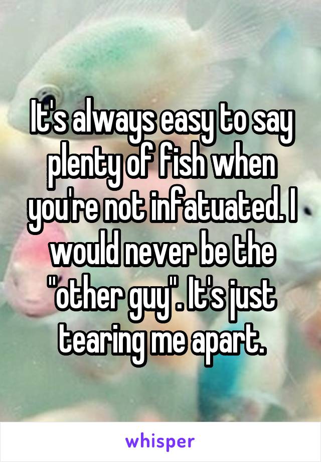 It's always easy to say plenty of fish when you're not infatuated. I would never be the "other guy". It's just tearing me apart.