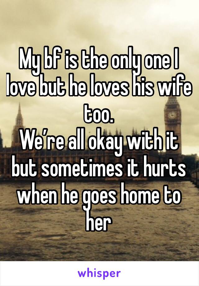 My bf is the only one I love but he loves his wife too. 
We’re all okay with it but sometimes it hurts when he goes home to her