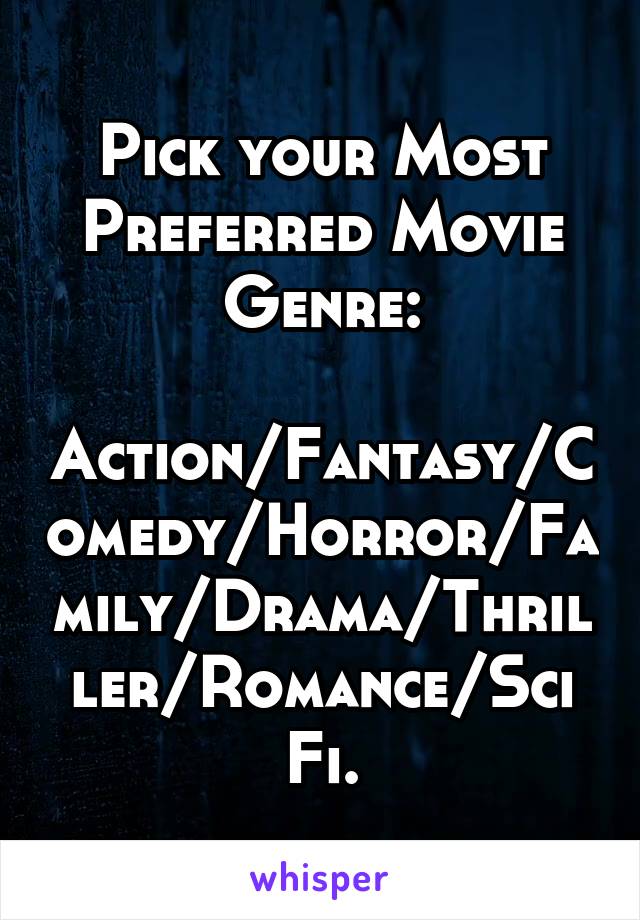 Pick your Most Preferred Movie Genre:

Action/Fantasy/Comedy/Horror/Family/Drama/Thriller/Romance/Sci Fi.