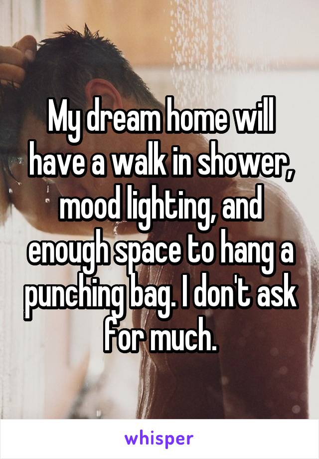 My dream home will have a walk in shower, mood lighting, and enough space to hang a punching bag. I don't ask for much.