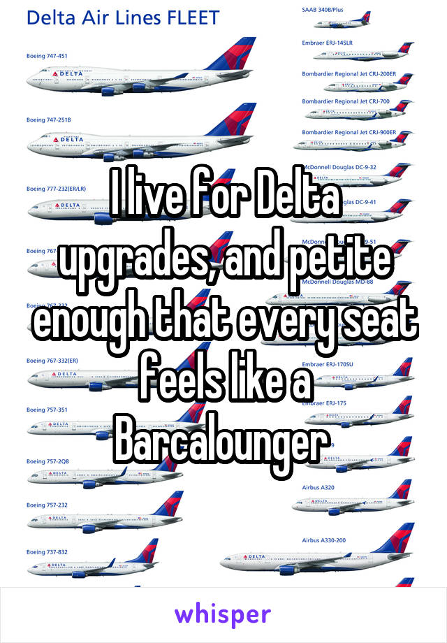 I live for Delta upgrades, and petite enough that every seat feels like a Barcalounger 